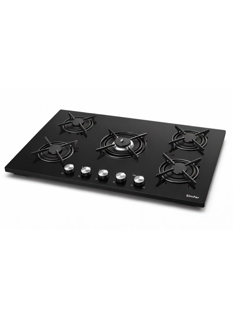 Simfer Built-In Gas Hob 90 cm Black Glass, 5 Sabaf Burners, Front Control Knobs, Round Cast Iron Pan Supports, Auto Ignition, Full Safety – Model BH90GG01 - Image 2